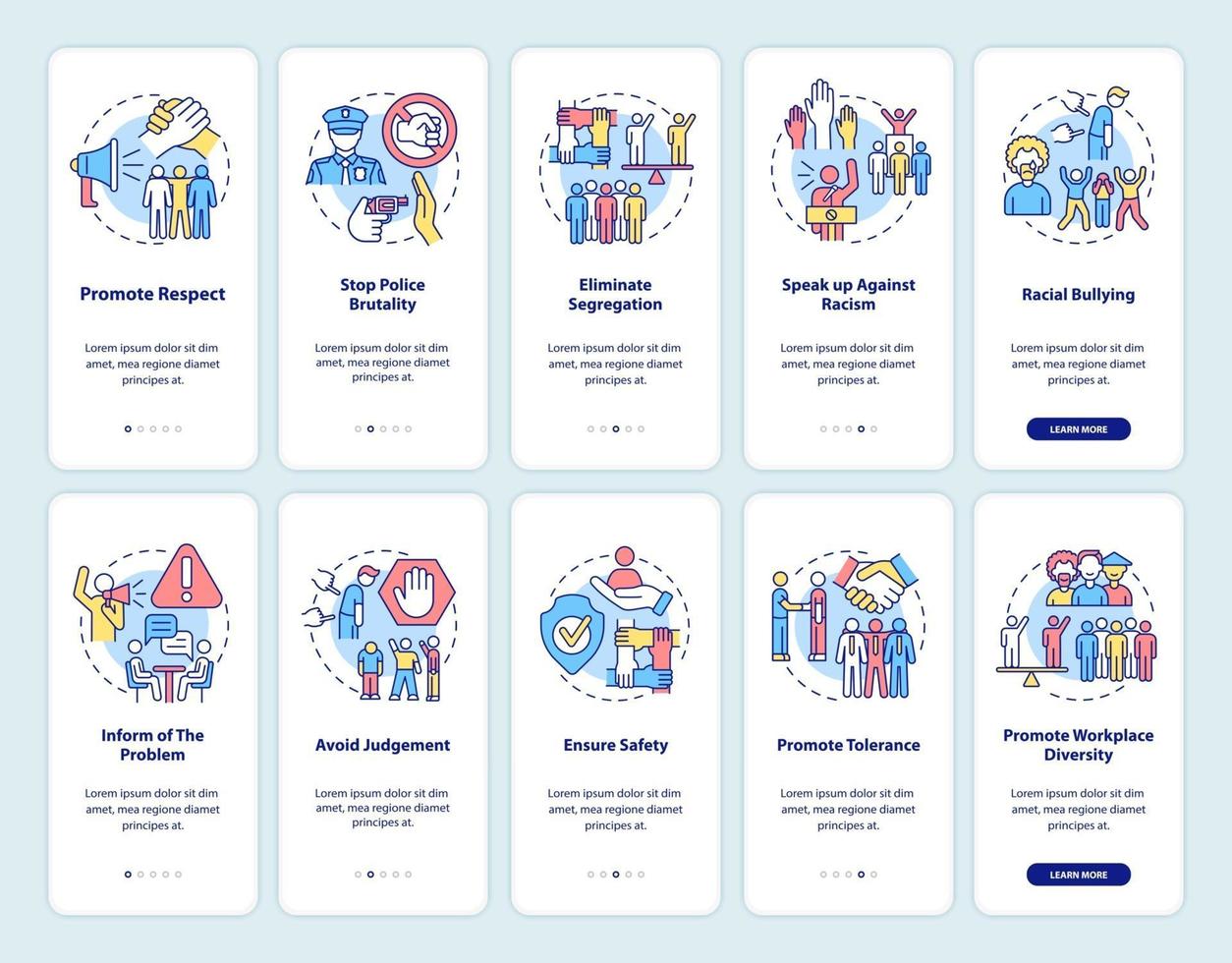 Fighting racial injustice onboarding mobile app page screens set. Support equality walkthrough 5 steps graphic instructions with concepts. UI, UX, GUI vector template with linear color illustrations