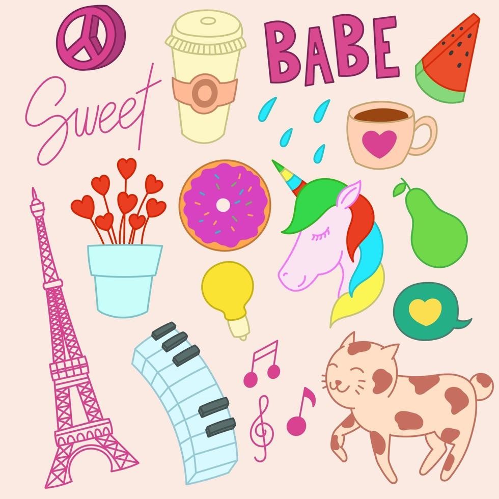 Set of cute doodles, Girl theme vector