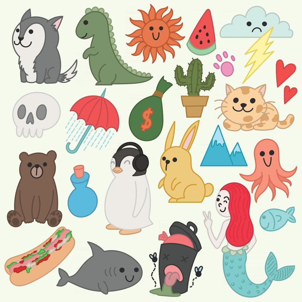 Set of cute doodles, colorful drawing art vector
