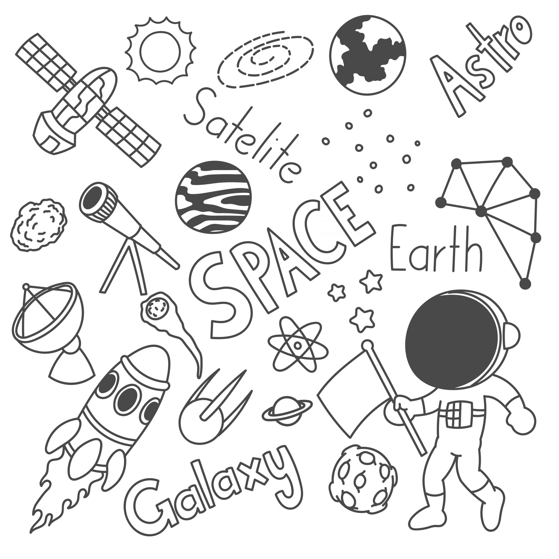 Set of cute astronaut drawings, black and white doodles, art, childish,  cartoon 2851745 Vector Art at Vecteezy