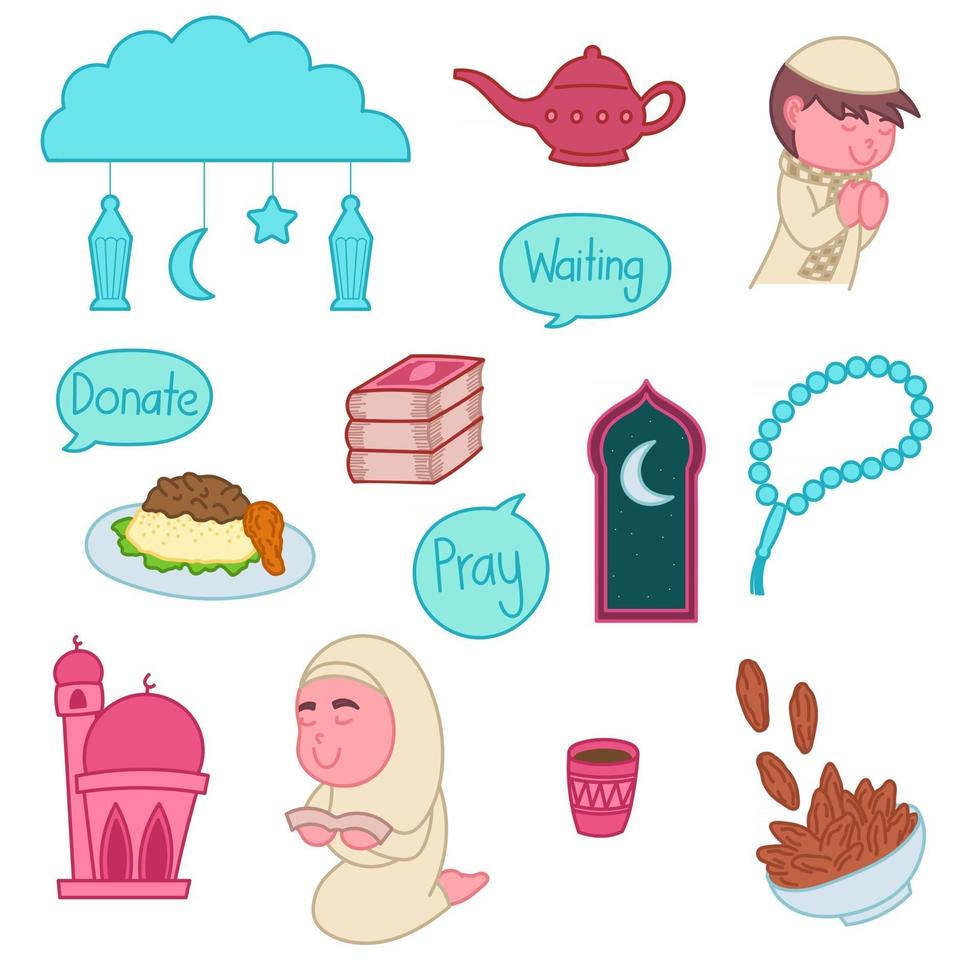 Ramadan and Eid Mubarak preperation, cute doodles, art, elements vector