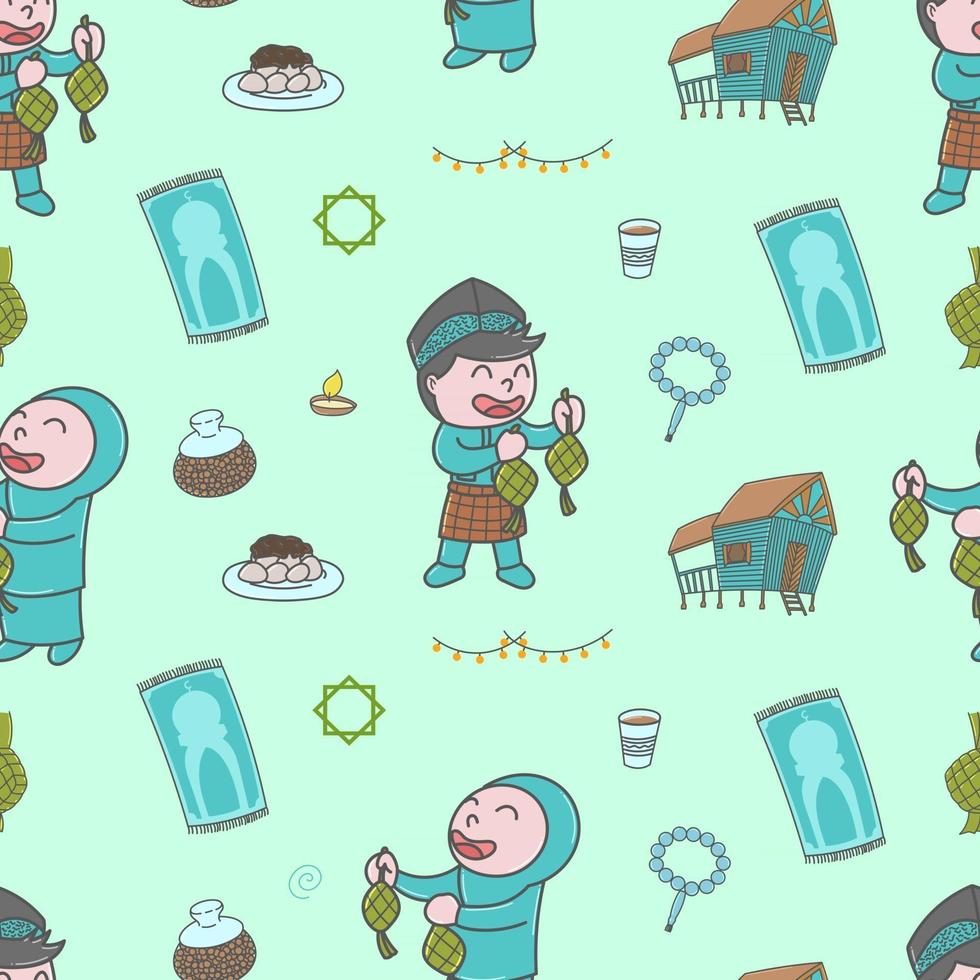 Cute happy boy and girl, Selamat Hari Raya meaning Eid Mubarak seamless pattern doodles, cartoon, child, childish, wallpaper, print, art vector