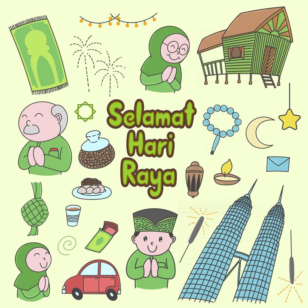 selamat hari raya que significa eid mubarak. de kuala lumpur a la ciudad natal, malasia, garabatos, dibujado a mano, conjunto, líneas, arte vector