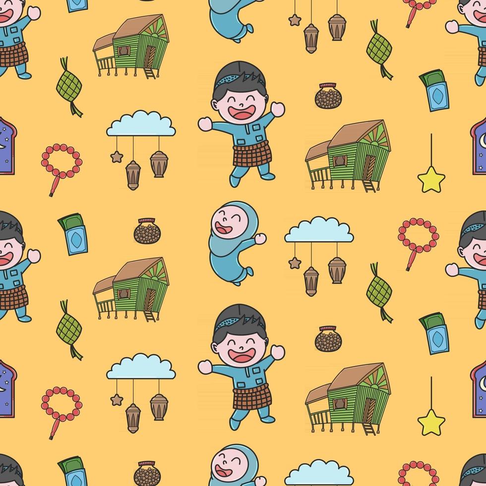 Cute happy boy and girl, Selamat Hari Raya meaning Eid Mubarak seamless pattern doodles vector
