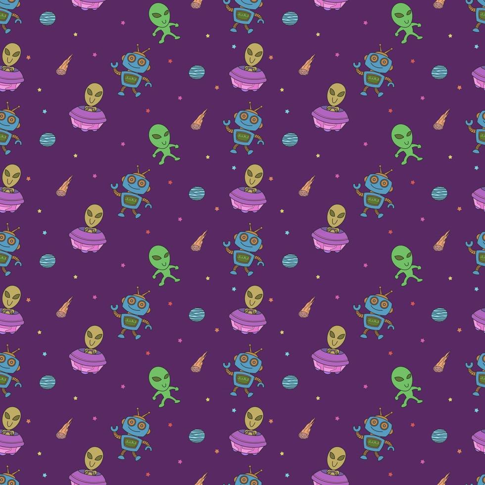 Cute aliens and robots doodles, seamless pattern for kids vector