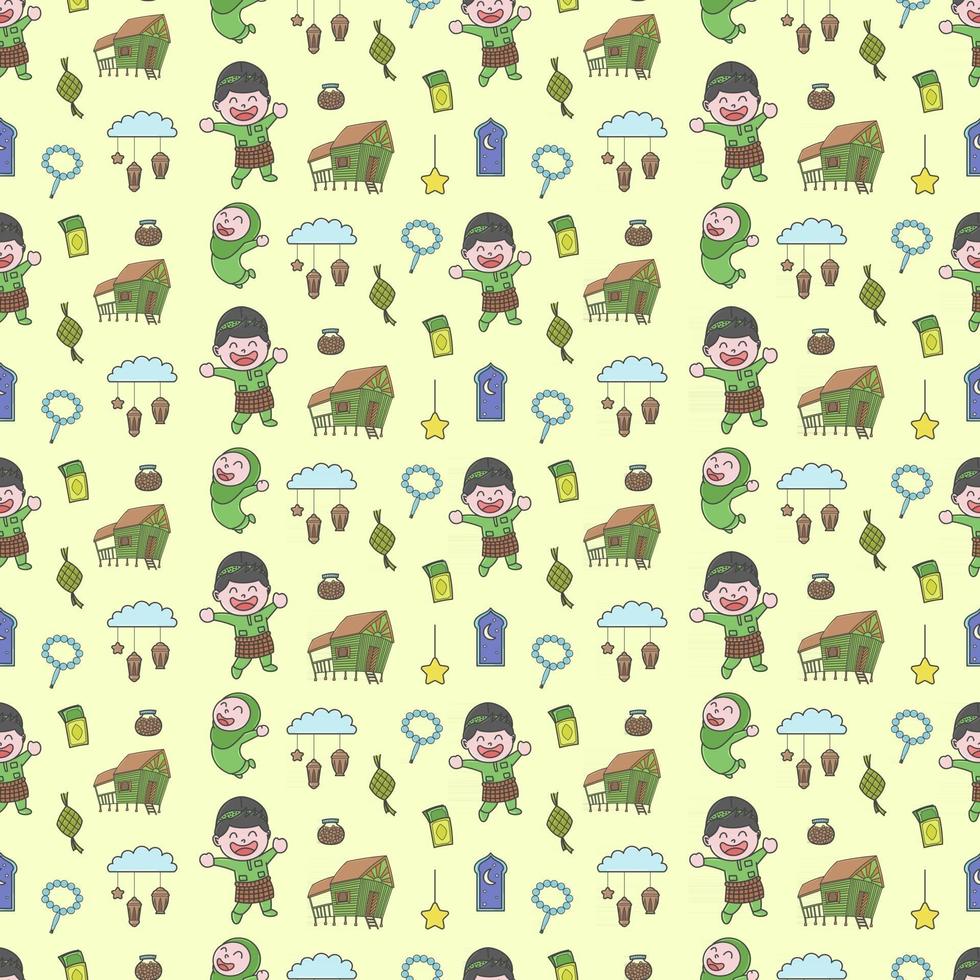 Cute happy boy and girl, Selamat Hari Raya meaning Eid Mubarak seamless pattern doodles, cartoon, child, childish, wallpaper, print, art vector