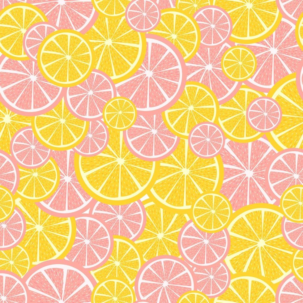 verano de patrones sin fisuras con rodajas de frutas una encima de la otra. limones, naranjas y pomelos de fondo repetitivo. textura textil e imprimible con plantas abstractas y tropicales vector