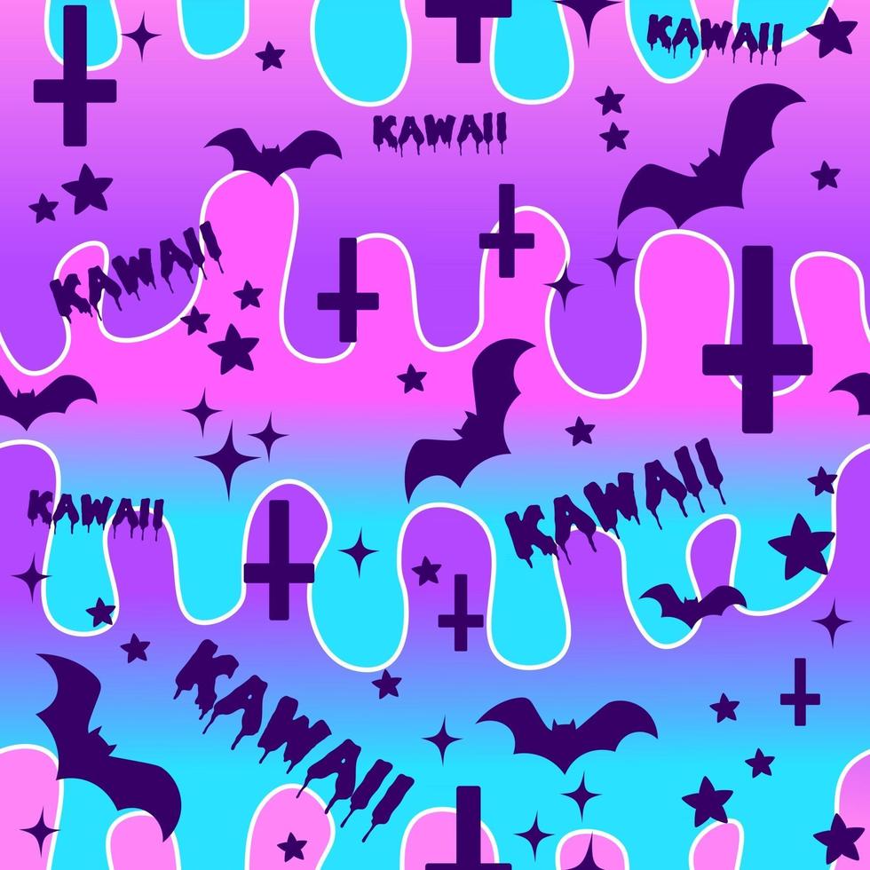 Dark lolita seamless pattern with bats, crosses and stars on a galaxy psychedelic background with gradient. Pastel goth repetitive texture with Halloween and kawaii motifs vector