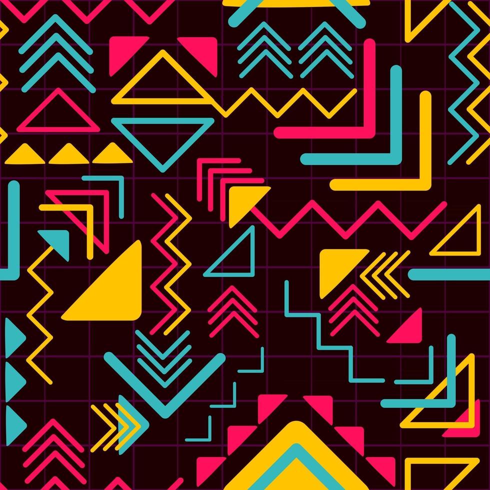 Vector art of a seamless pattern with aztec and bohemian motifs. Web and digital geometric artwork with boho elements. Mayan repetitive background with colorful triangles