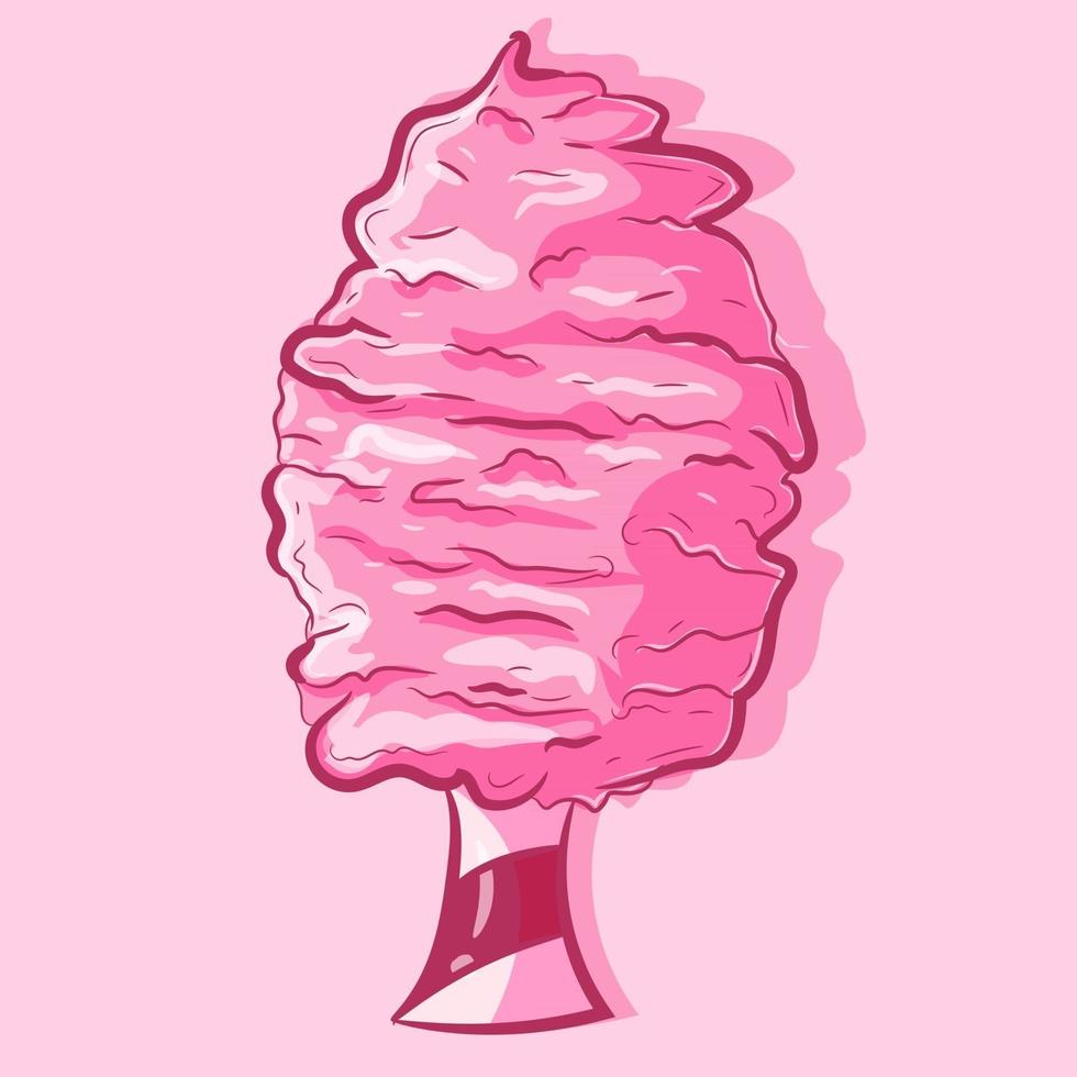 Illustration of a cotton candy for kids. Isolated object on a pink background. Sweet summer treat. Vector drawing of a kawaii and tasty junk food