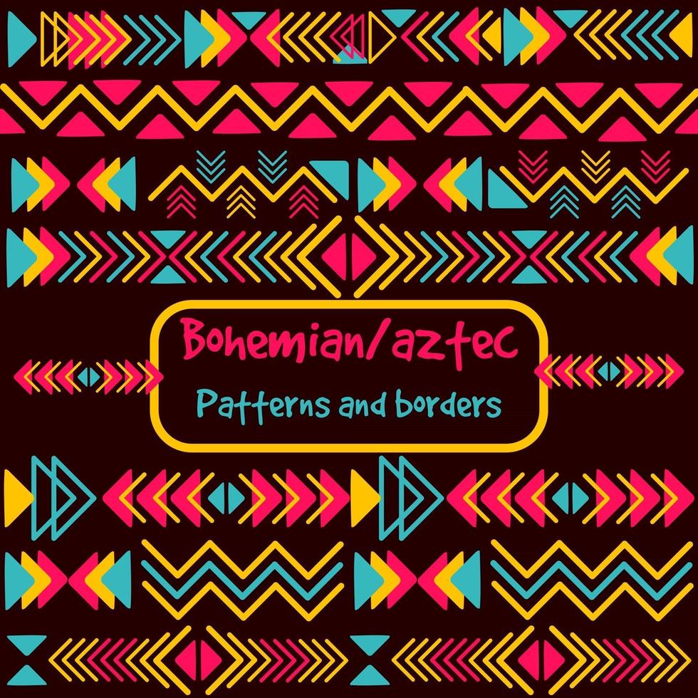 Geometric pack collection with aztec and bohemian motifs. Repetitive background inspired by friendship bracelets. Abstract boho borders with triangles and zigzag lines vector