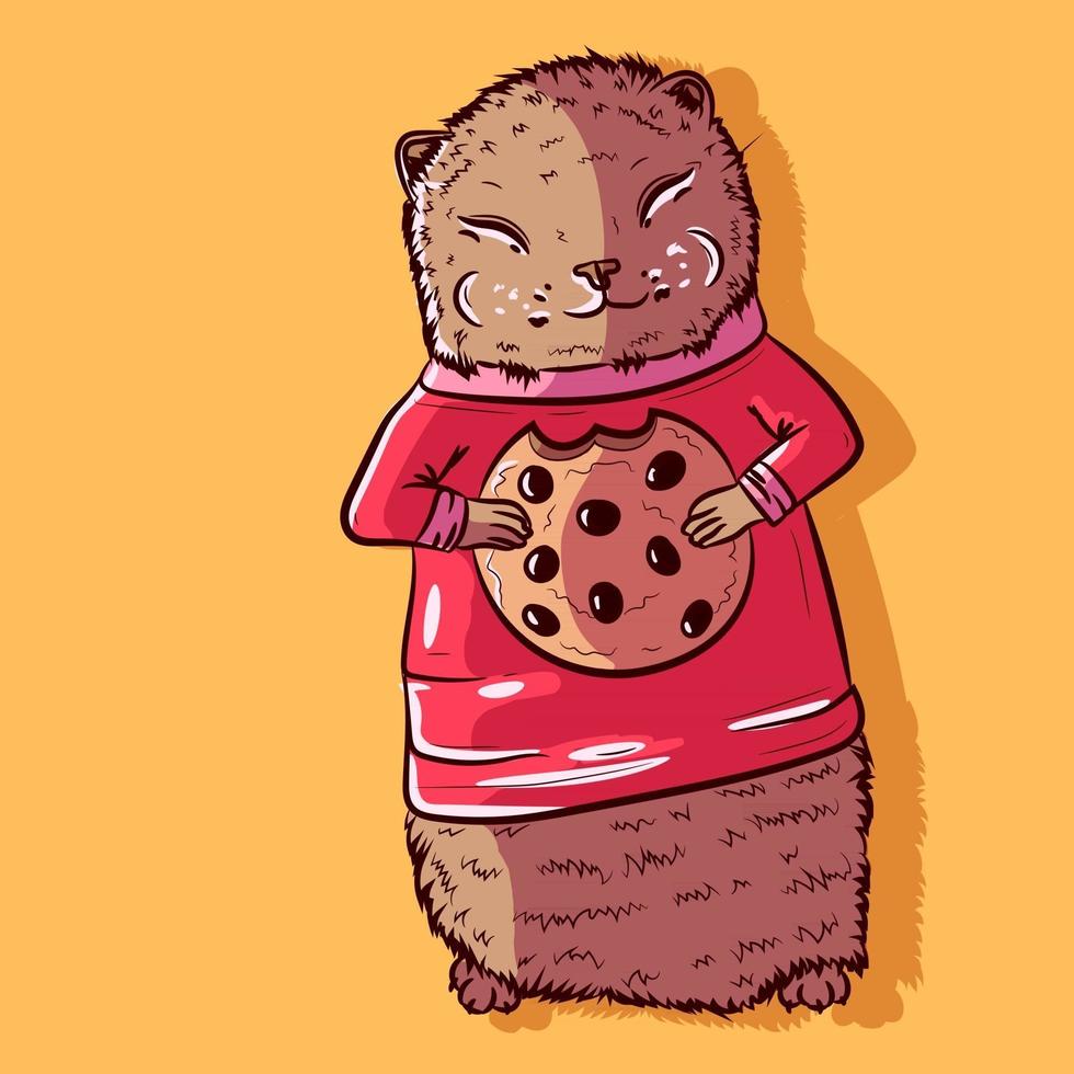 vector de un lindo hurón marrón masticando una galleta con chispas de chocolate. adorable comadreja de dibujos animados con un suéter rojo de cuello alto y comiendo una galleta. pequeño roedor feliz disfrutando de su comida