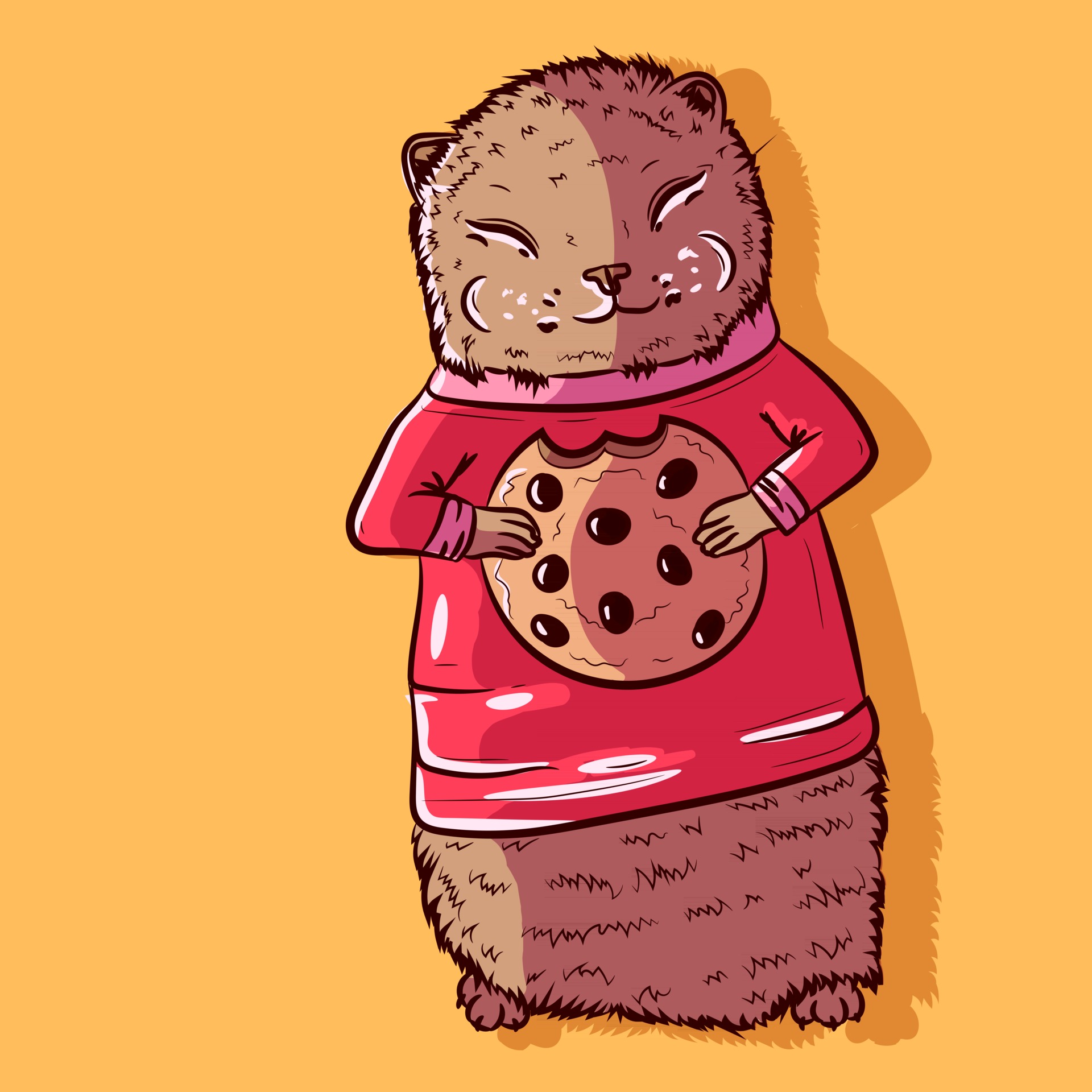 Vector of a cute brown ferret munching on a chocolate chip cookie