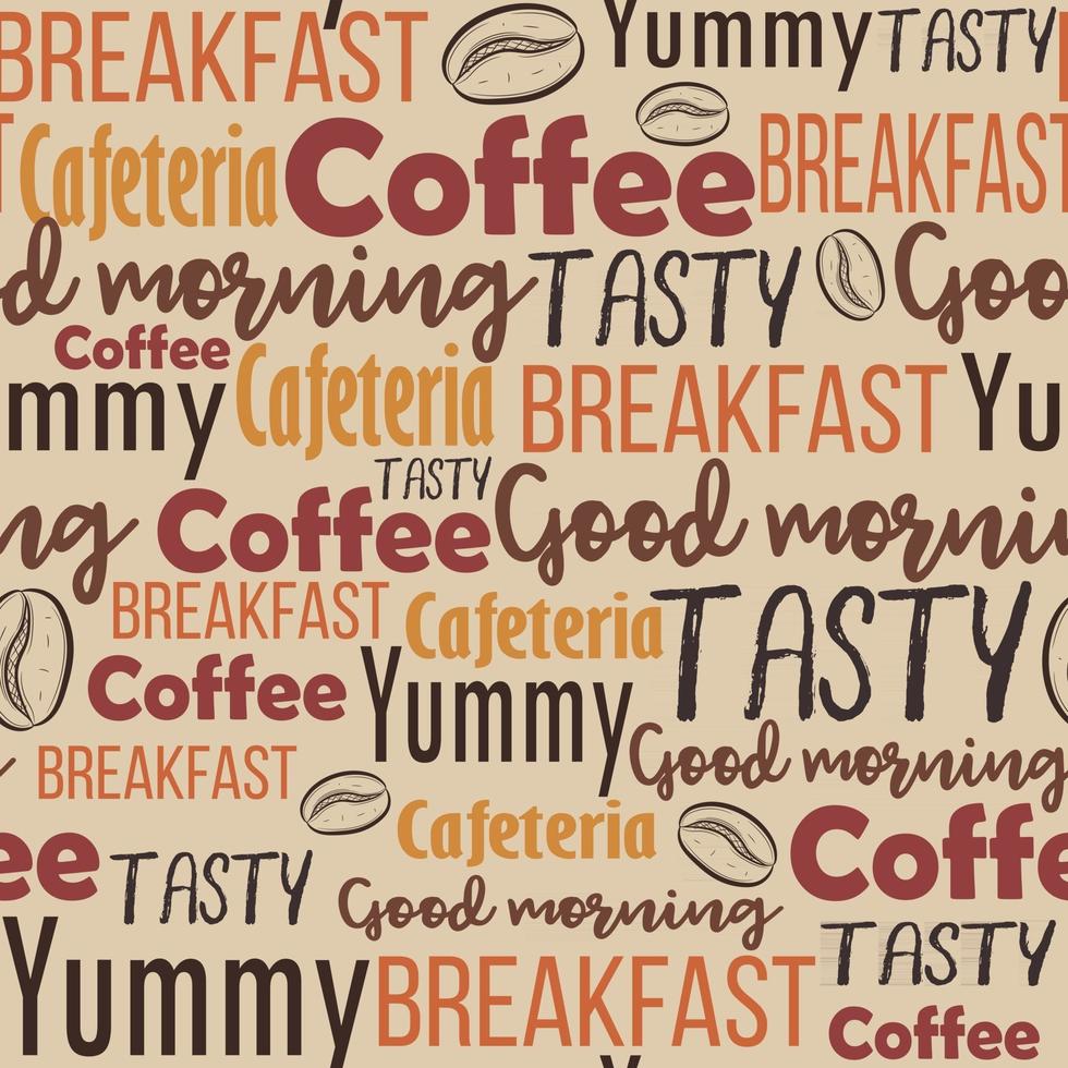 Word cloud with different text related to coffee menu. Seamless pattern with words for brunch and breakfast about beverage and food. Background for restaurants and cafeterias vector
