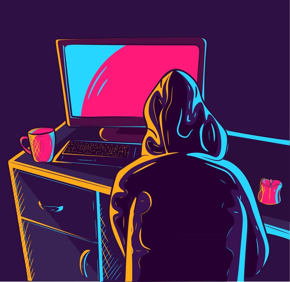 arte vectorial de neón de un hombre con una sudadera con capucha y mirando una pantalla de PC. jugador o trabajador visto desde atrás que se aburre en casa y navega por Internet. hacker con un teclado y una taza de café. vector