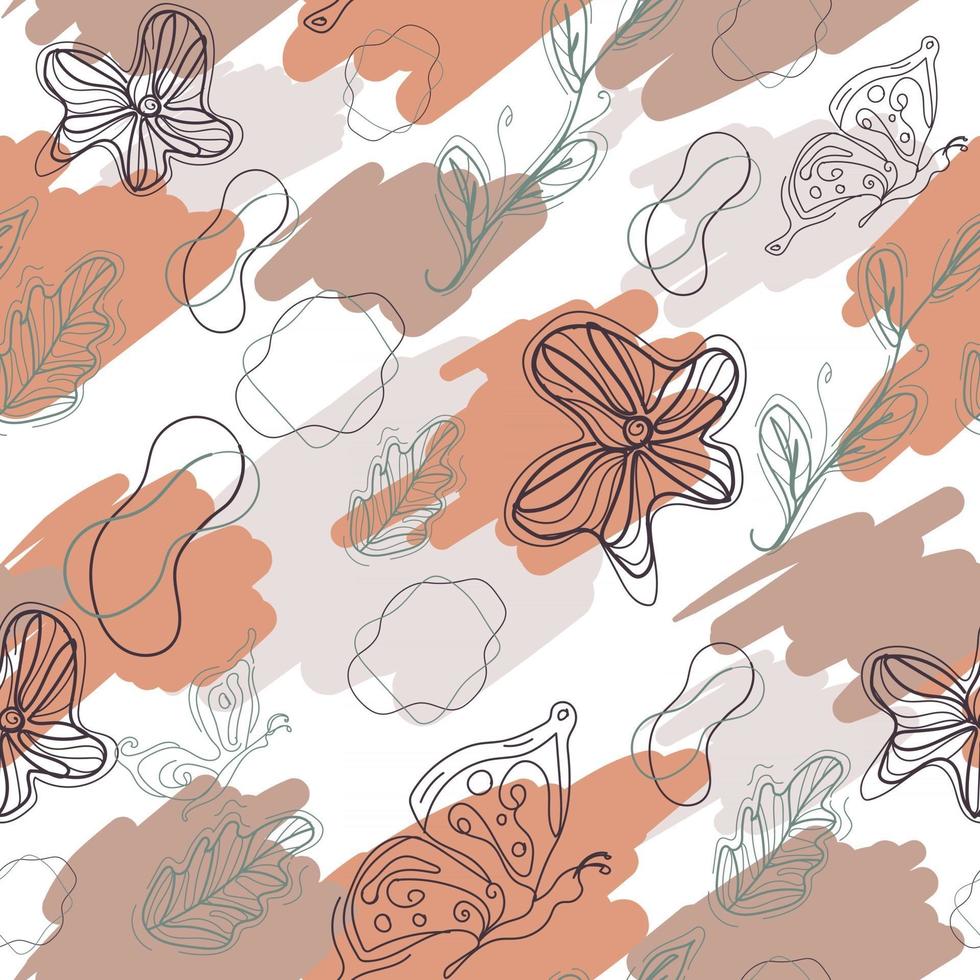 Minimal abstract wall painting. Line art seamless pattern with contour of butterflies, flowers, leaves and amoeba. Repeat background with earth neutral colors. Fashion texture with creative vectors