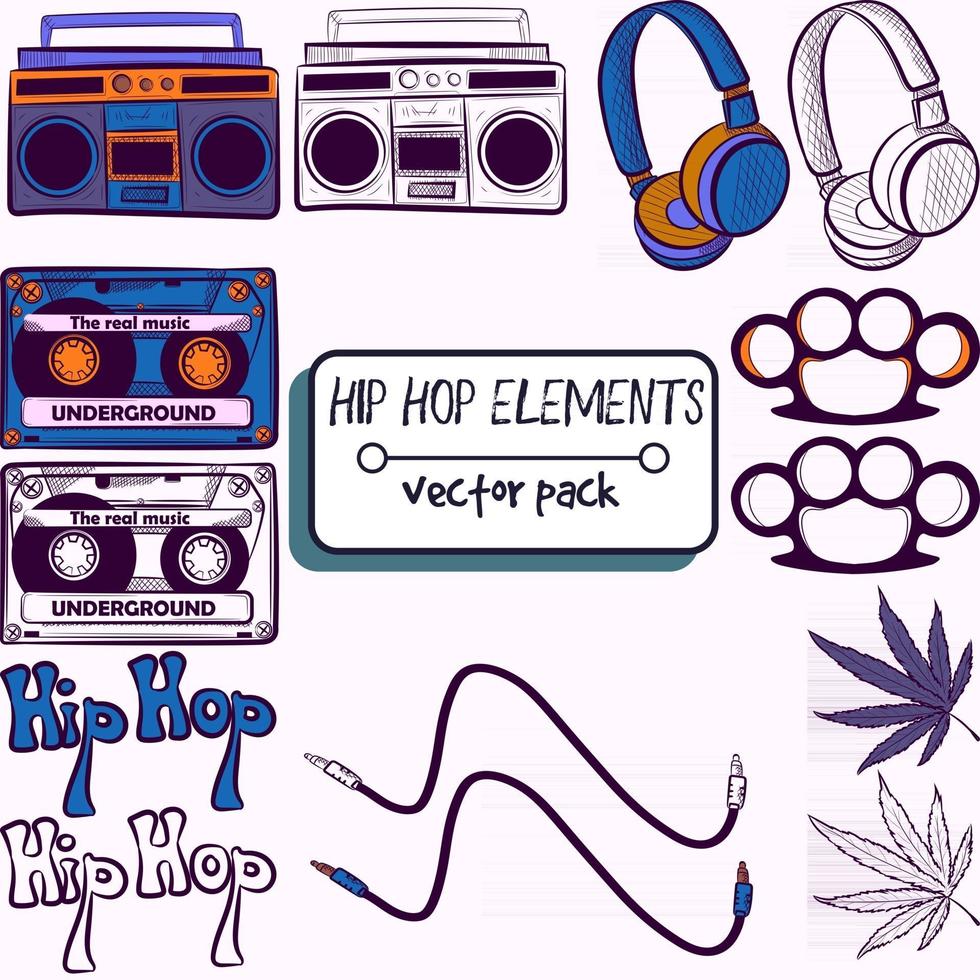 paquete con elementos hiphop, techno y dance. colección con cassette, radio, auriculares, manopla, marihuana, cable y texto hip hop. gadgets y dispositivos de música vintage y retro. vector