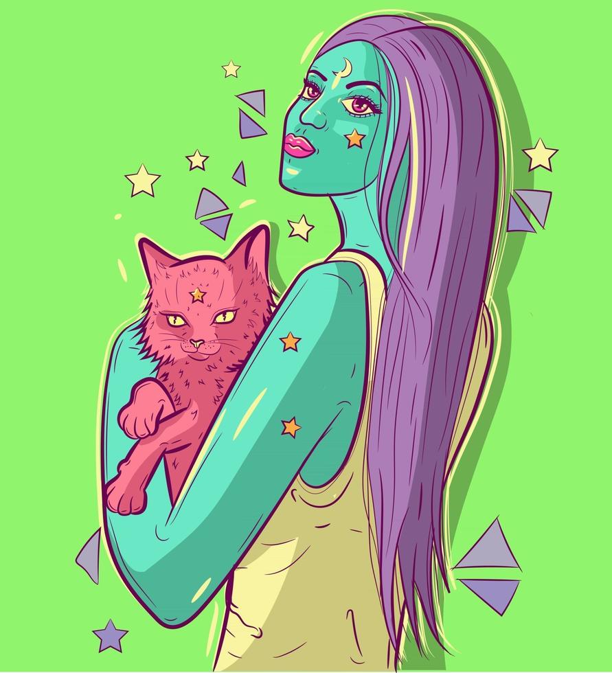 extraterrestre mujer cobarde con piel verde sosteniendo un gato rosa en sus brazos. arte conceptual de una joven criatura y su mascota bajo la luz de neón. ilustración de dibujos animados surrealista futurista y psicodélico vector