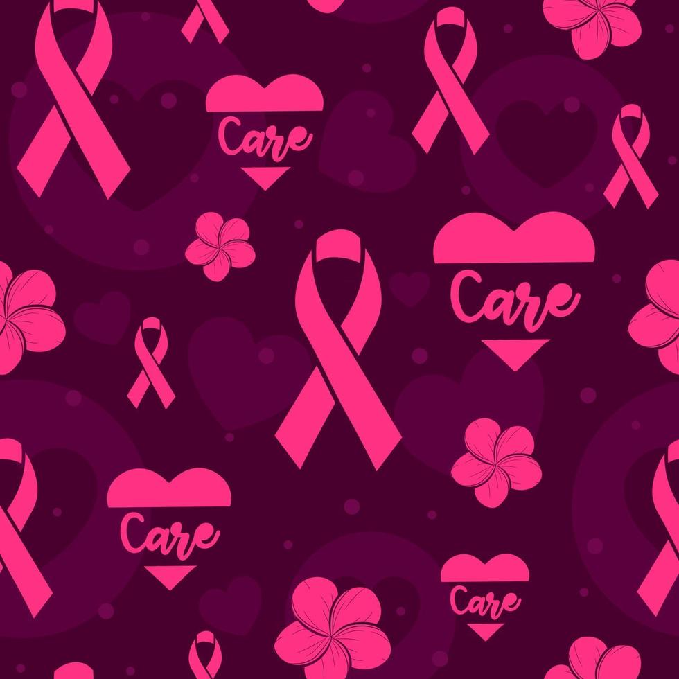 Pink seamless pattern with ribbons, hearts and flowers to raise awareness against breast cancer. International month for healthcare. Repeat texture for charity campains and women's health vector