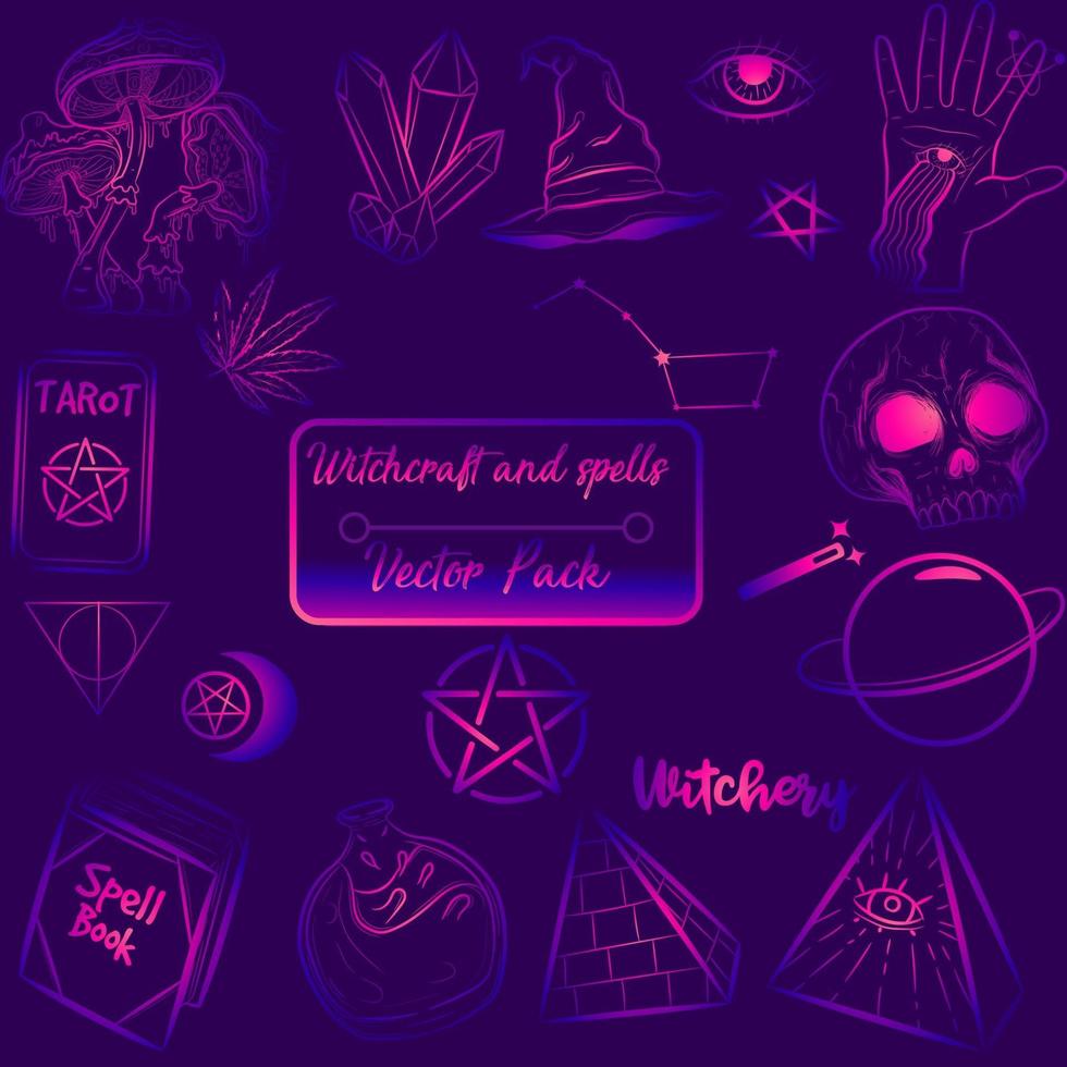 Occult spell collection with witchcraft and Halloween objects. Purple esoteric and wiccan symbols and sketches about black magic.Fortune telling and alchemy pack with psychedelic isolated vectors