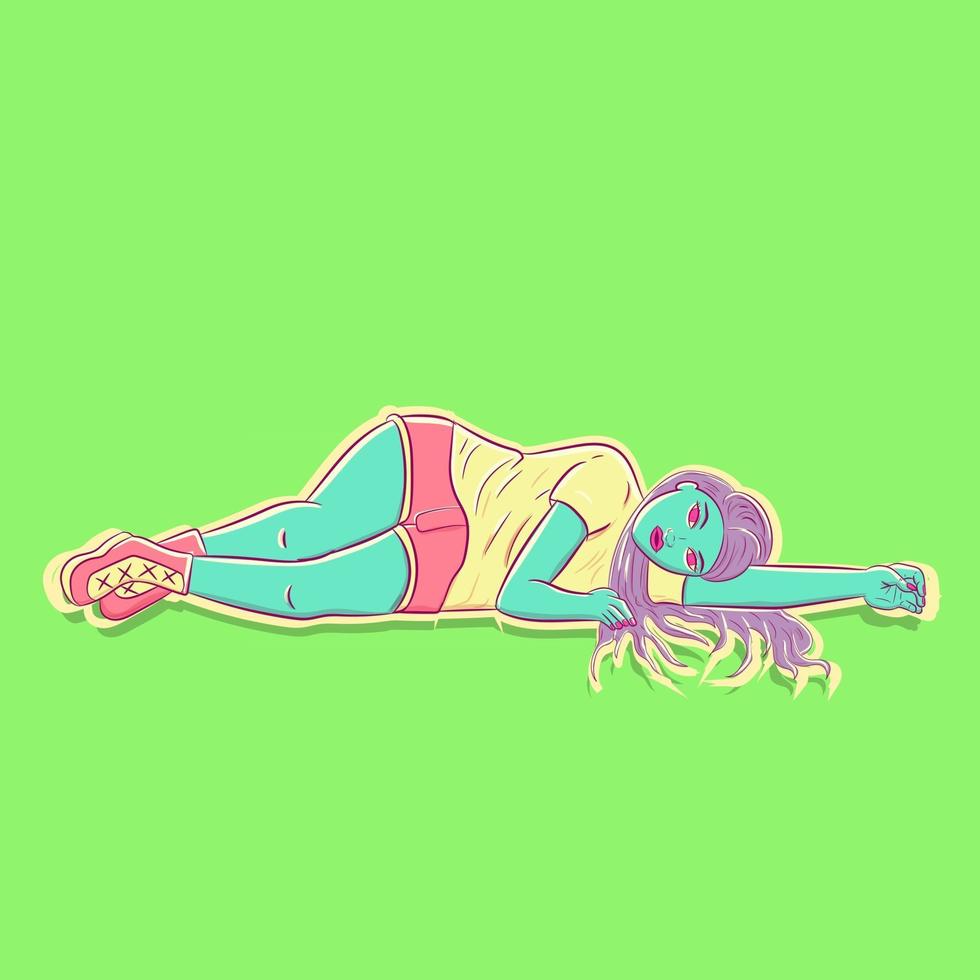 Conceptual art of the sloth sin. Sluggish and apathetic woman full of boredoom laying on the ground. Colorful vector illustration of a female from the catholic bible stories.