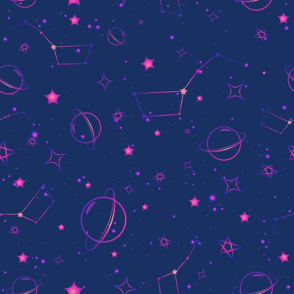 Purple and blue galaxy seamless pattern with stars, planets and constellations. Repeat pattern
