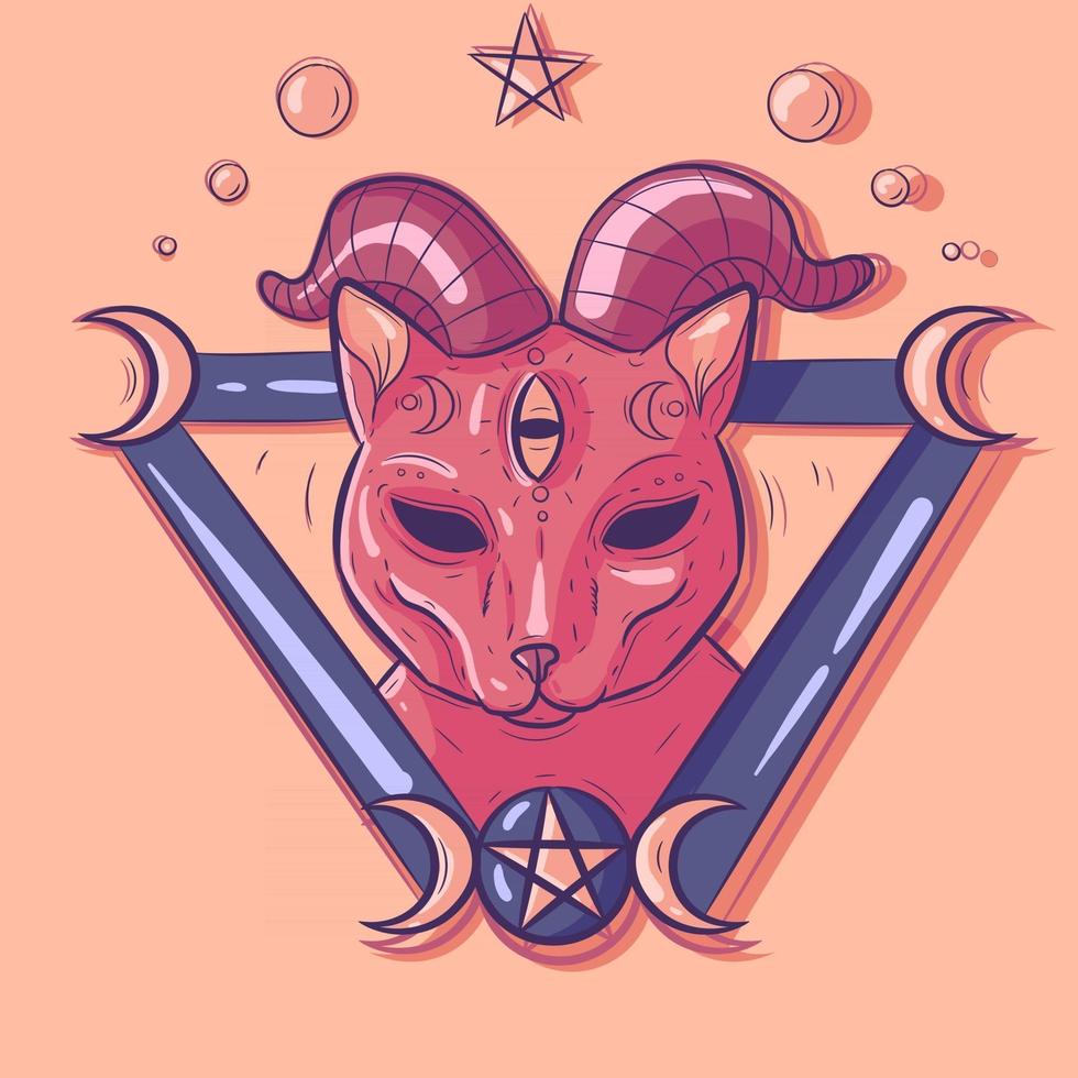 Satanic pink cat with demon horns and a third eye. Occult pet inside a triangle with moons, stars and pagan symbols around it. Wiccan esoteric kitty head with magical and witchy objects. vector