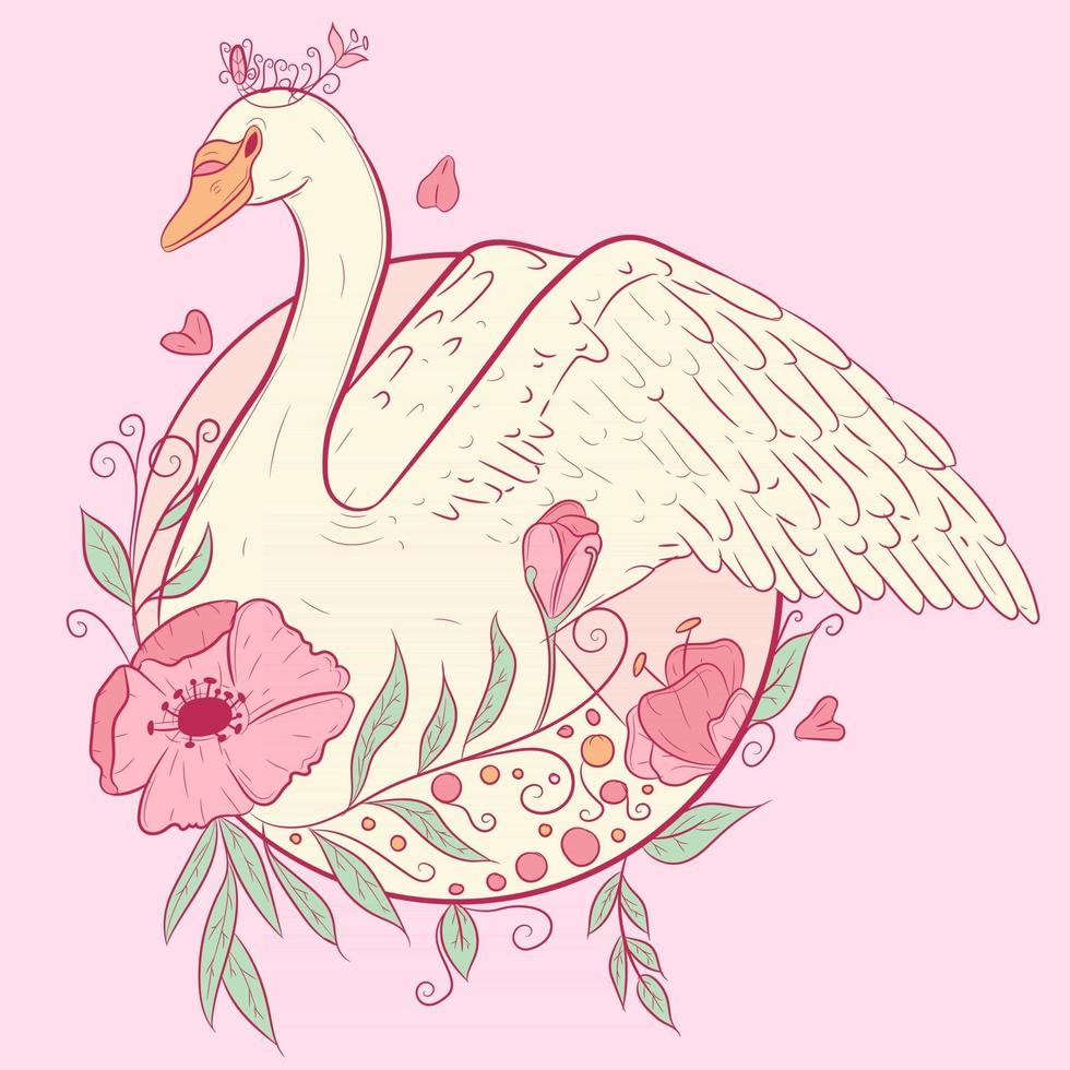 Plantilla de boda y baby shower con un cisne rodeado de plantas, flores y hojas. Ilustración de verano de un pájaro y un jardín con colores rosa y pastel. animal volador para álbumes de recortes. vector