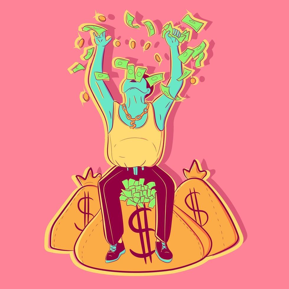 Conceptual art of a businessman on top of a money bag throwing bills in the air. Illustration of a banker about economics, success and being a millionaire. Vector of a rich entrepreneur.