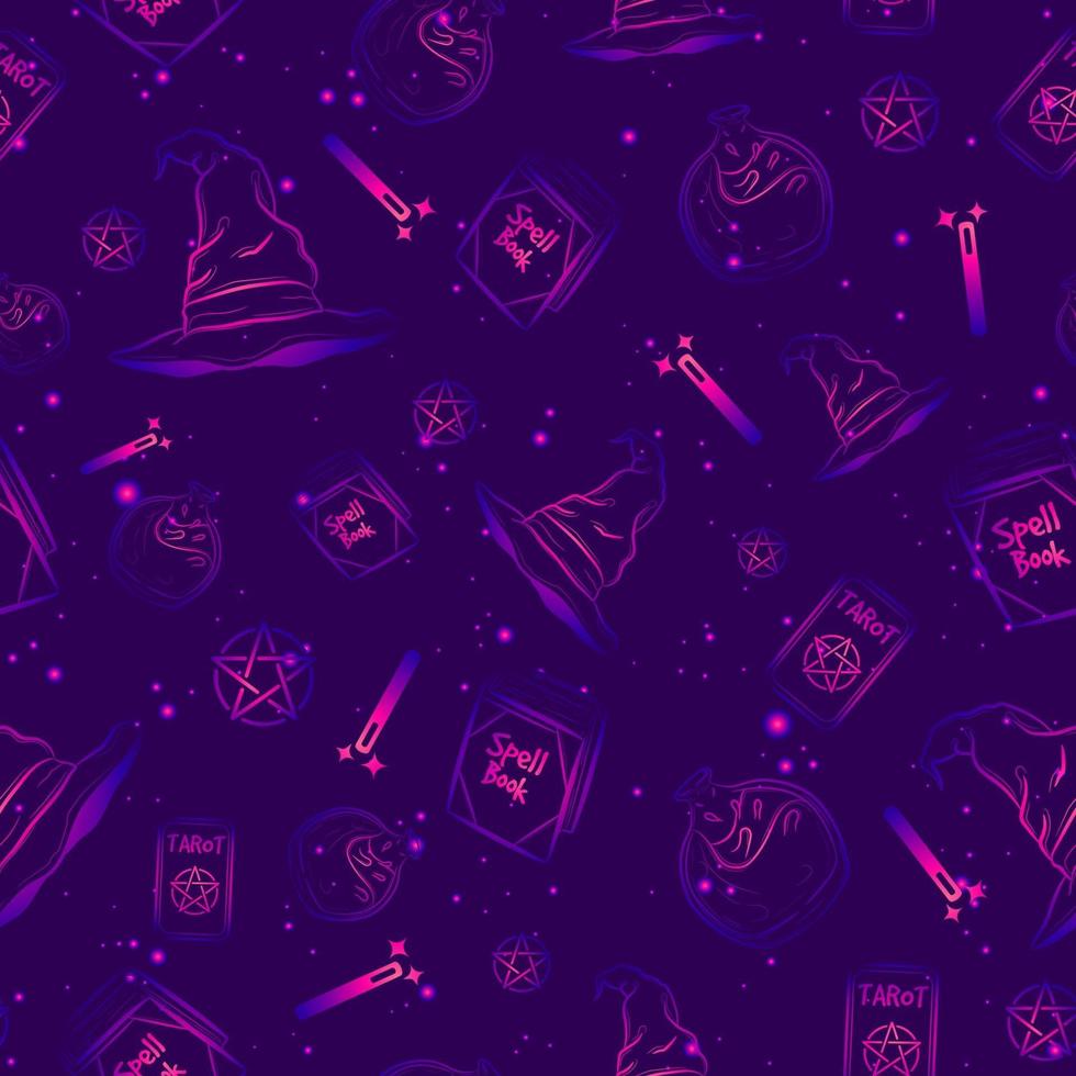 Violet seamless pattern with gradients and starry sky. Repeat background with witch hats, spell books, magic wands and pentagrams. Occult wiccan texture with esoteric and spiritual elements. vector