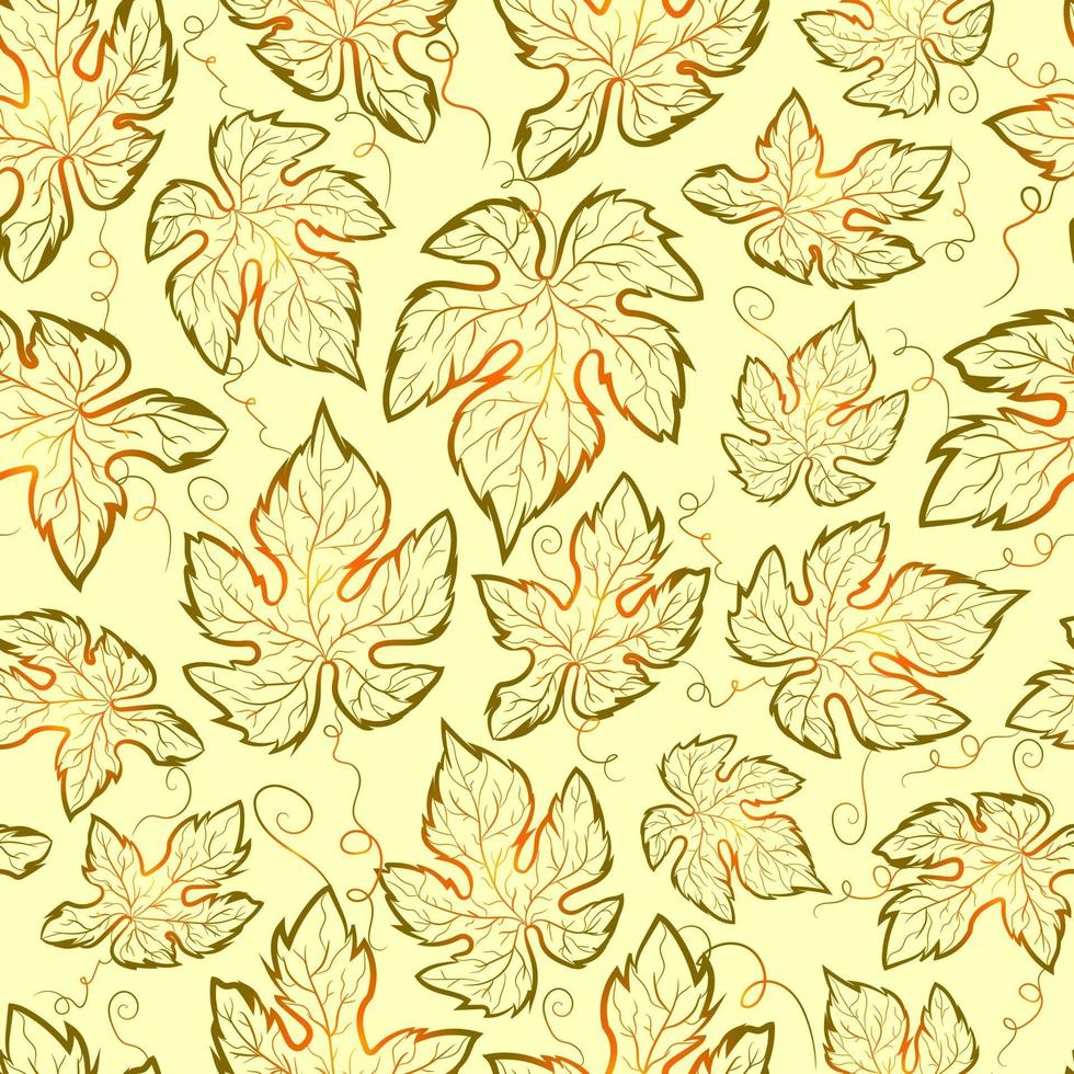 Autumn seamless pattern with gradient grape leaves on a green surface. Repetitive and symmetric background with mapple and vine leaf. Botanical texture with curled plants vector