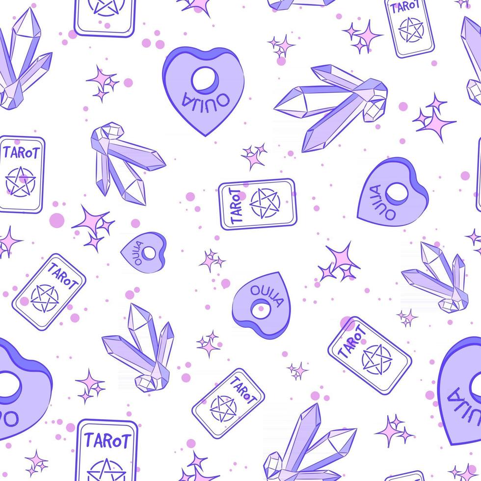 Pastel purple occult seamless pattern with ouija planchettes, tarot cards, gemstones and stars. Repeat background with wiccan and pagan magic objects. Spiritual and millennial texture about divination vector