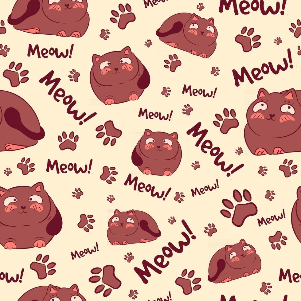 Brown seamless pattern with kawaii cats, meows and paws. Repetitive background with fat kitties and feline elements. Animal texture for scrapbooks and postcards with small kittens. vector