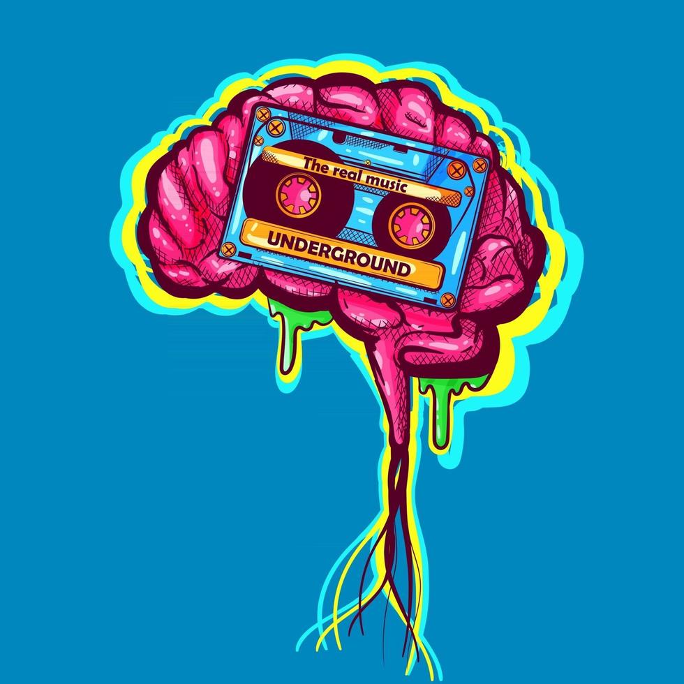 Wall hiphop art with a zombie brain and a cassette. Neon graffiti drawing and clothing texture for print. Urban and contemporary hip hop music illustration. Funky mind concept from the 90s. vector