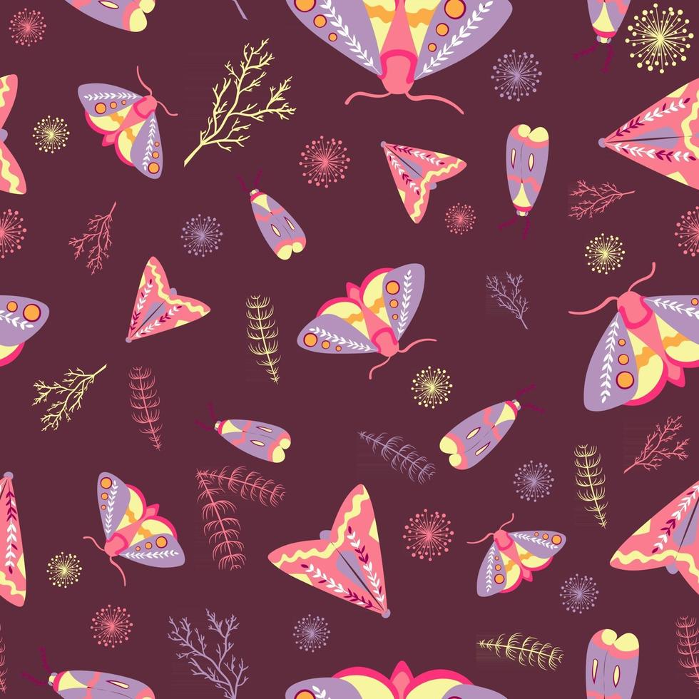 Bohemian and occult summer pattern with moths and night butterflies on a brown background. Repeat texture with cicadas and bugs. Tribal motifs with insects, dandelions, ferns and dandelions. vector