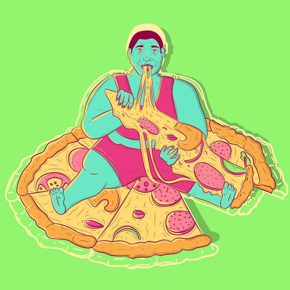 Ilustración de un hombre obeso y hambriento sentado encima de una pizza con pepperoni, champiñones y queso. gordo con sobrepeso y perezoso comiendo comida chatarra. estilo de vida sedentario y hábitos poco saludables. vector