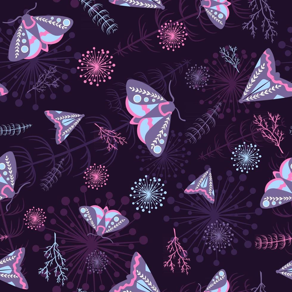 polillas y plantas de patrones sin fisuras con tema oculto y bohemio y colores azul rosa. Repita el fondo con mariposas nocturnas y vida en el jardín. textura boho con paleta cosmos galaxy vector