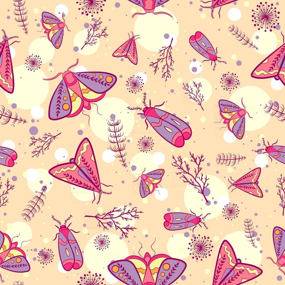 Pink and yellow summer pattern with flying moths and plants. Repeat background with night butterflies, dandelions, leaves and branches. Textile texture for women with insects, bugs and flowers. vector