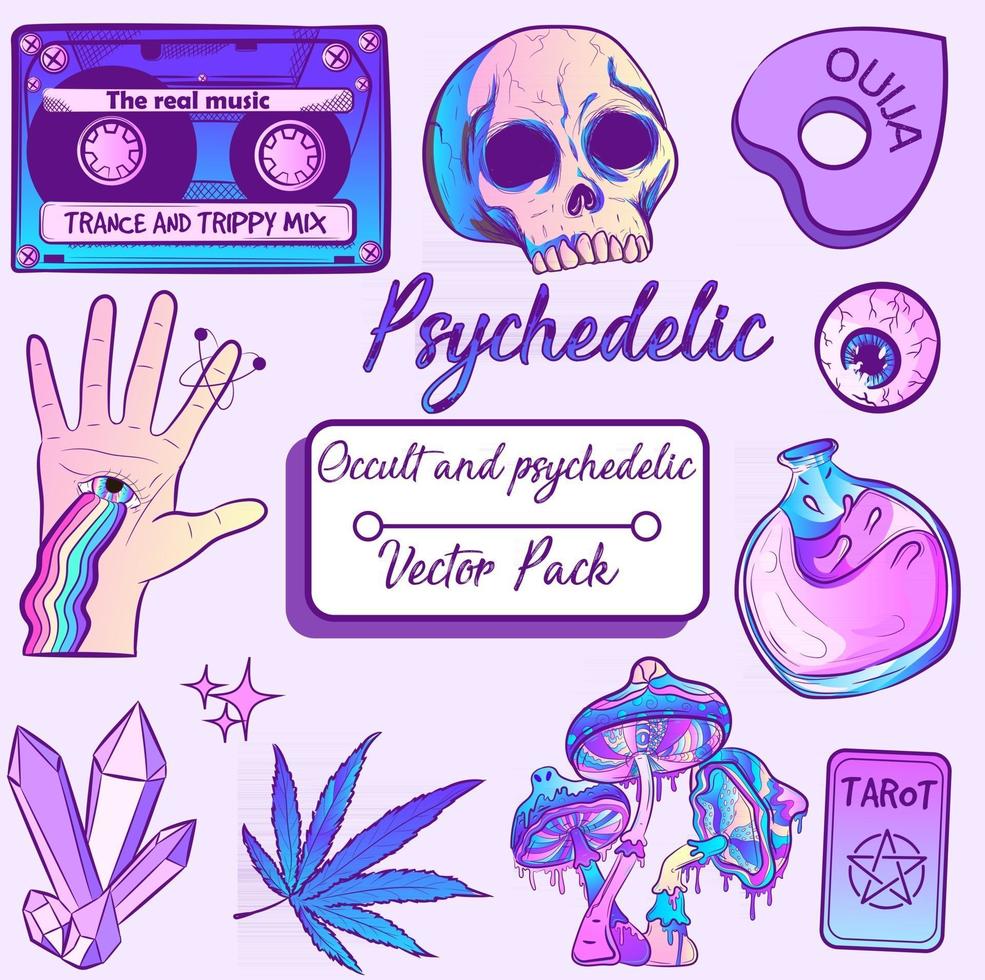 Psychedelic and occult witchy pack with witchcraft and trippy elements with purple galaxy gradient. Spiritual and millennial collection with isolated vectors. Purple fantasy objects for Halloween. vector