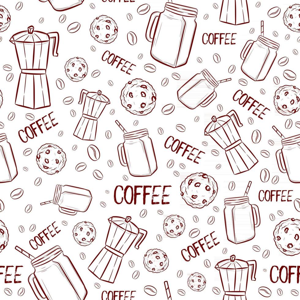 Seamless pattern with cafeteria brown elements. Repetitive background with coffee beans, beverage, cold frappe and chocolate chip cookies. Vector illustration for restaurants and shops.