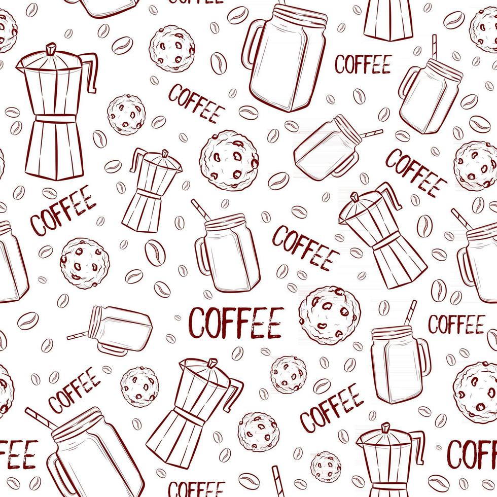 de patrones sin fisuras con elementos de cafetería marrón. fondo repetitivo con granos de café, bebidas, frappé frío y galletas con chispas de chocolate. ilustración vectorial para restaurantes y tiendas. vector