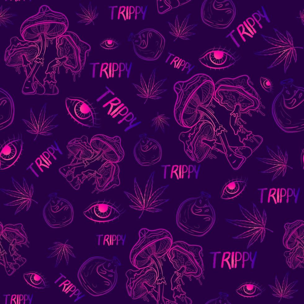 Purple psychedelic seamless pattern with gradient occult elements. Narcotic repeat background with mushrooms, eyes, potions, marijuana and other spell incantation objects. Trippy and witchy texture vector