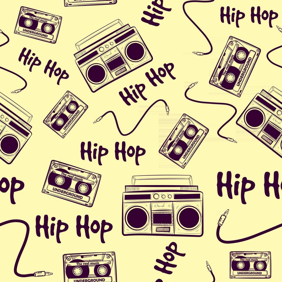 vintage de patrones sin fisuras con elementos de hip hop de música antigua. fondo repetitivo con boomboxes, casetes y cables. arte retro nostálgico de los años 90 y 80 con dispositivos hiphop. vector