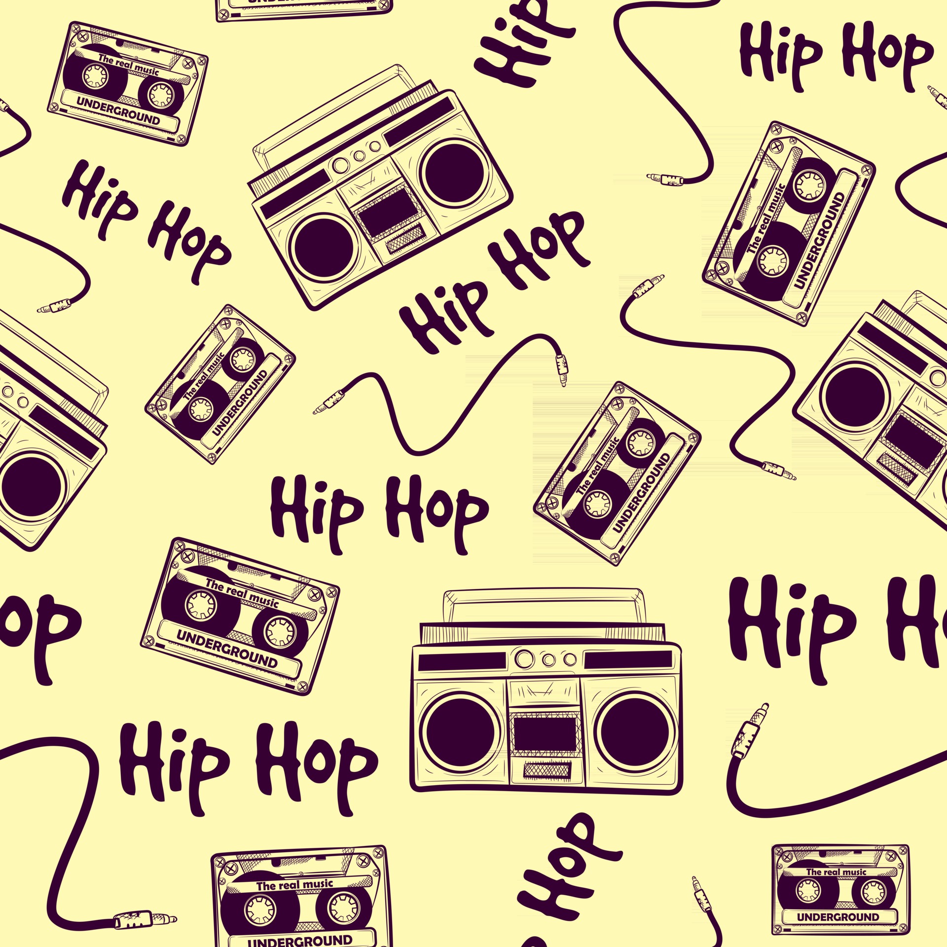 Vintage seamless pattern with old music hip hop elements. Repetitive  background with boomboxes, cassettes and cables. Nostalgic retro art from  the 90s and 80s with hiphop devices. 2851988 Vector Art at Vecteezy