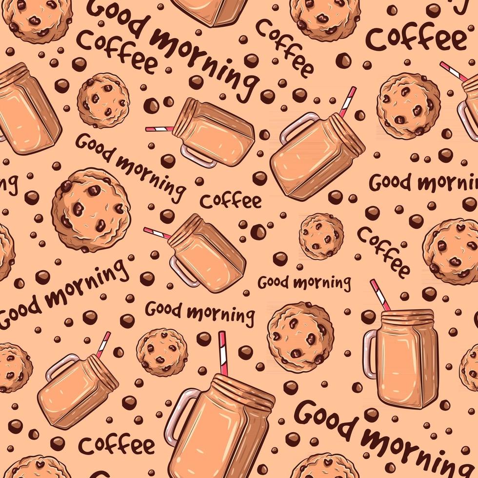 Seamless pattern for coffee shops with beverage and chocolate chip cookies. Sweet repetitive background with pastries. Biscuits and soft drinks for breakfast with good morning text. vector