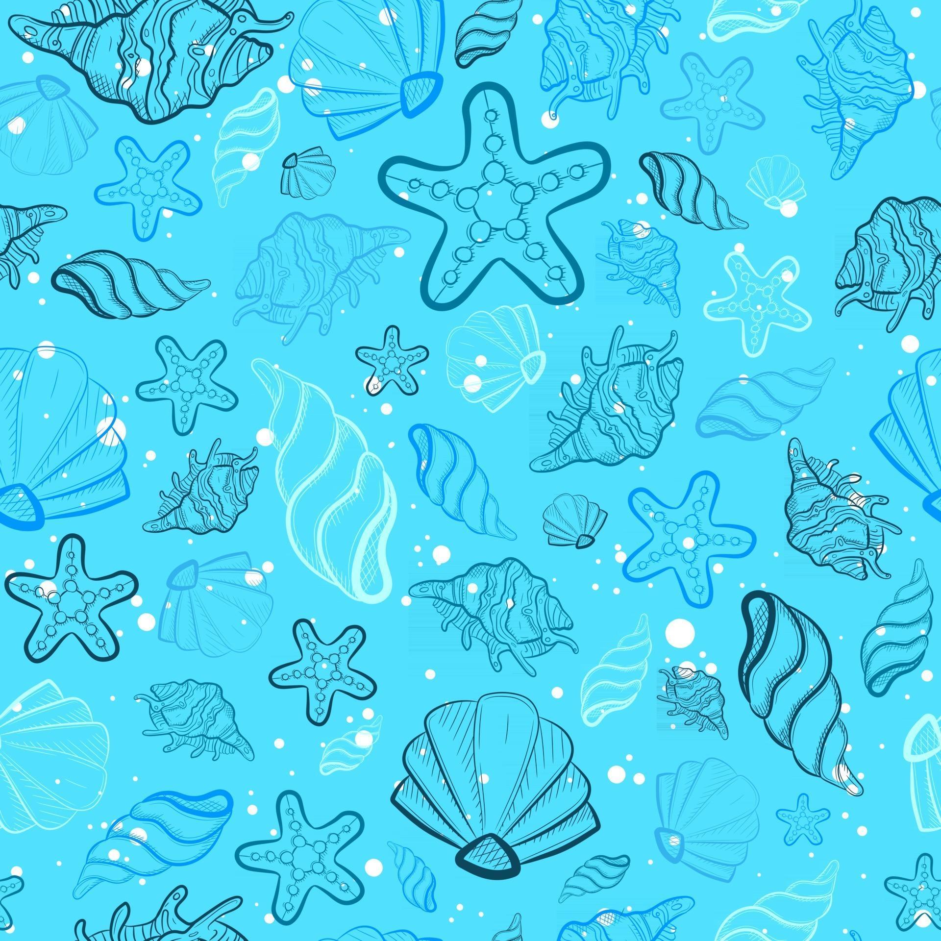 Baby blue all over print with sea and ocean creatures. Seamless pattern