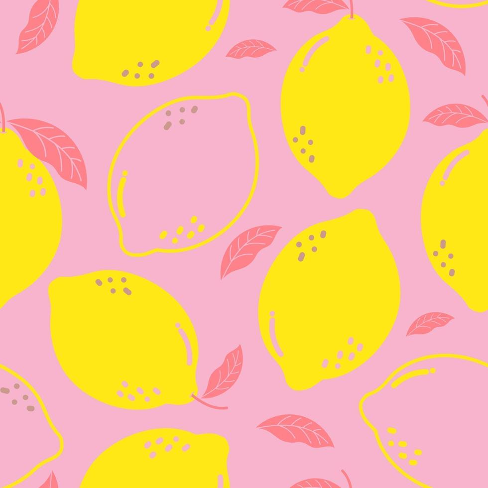 limón de patrones sin fisuras y hojas sobre fondo rosa pastel. ilustración vectorial. vector