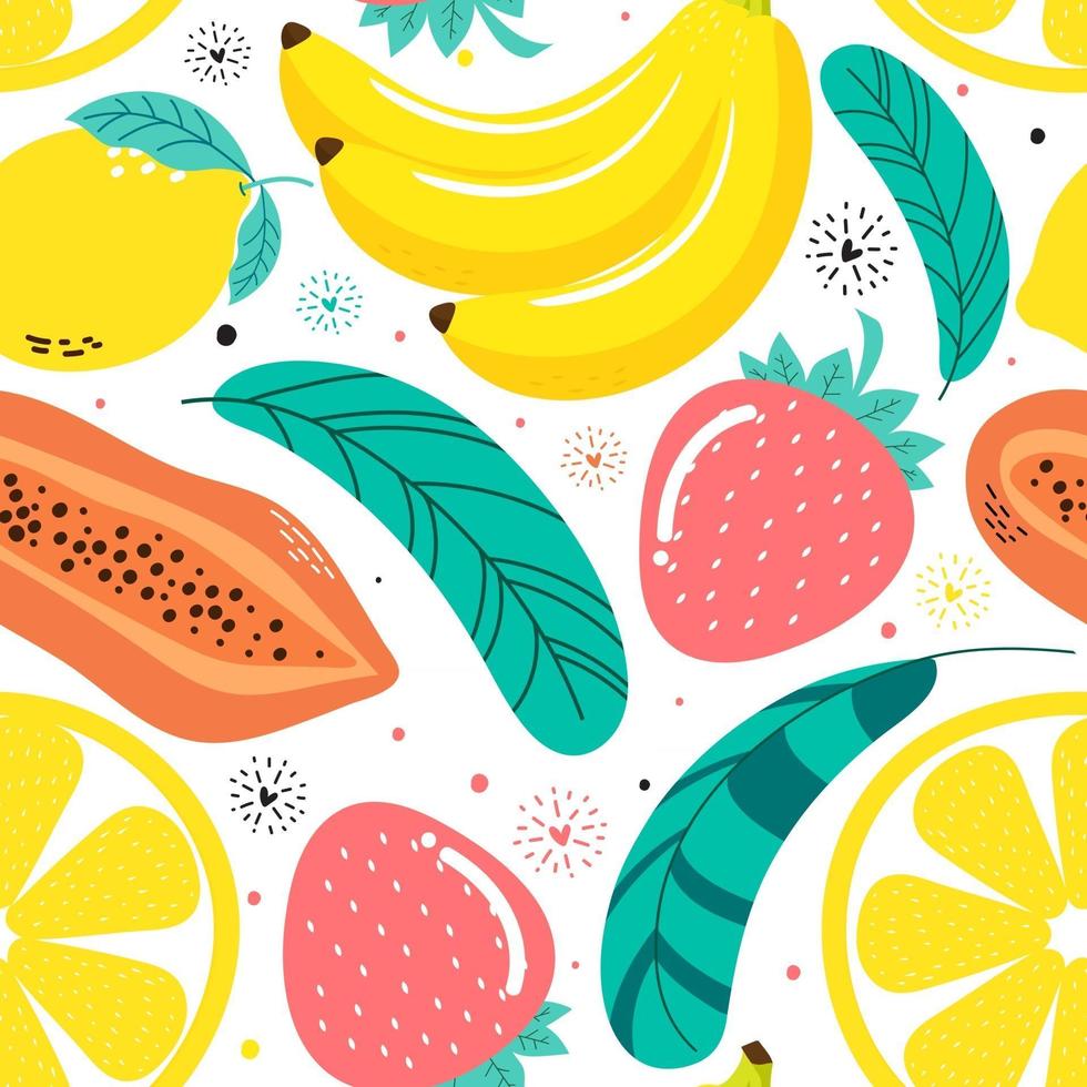 Dibujado a mano lindo patrón transparente frutas, plátano, papaya fresa, limón y hojas sobre fondo blanco. ilustración vectorial. vector