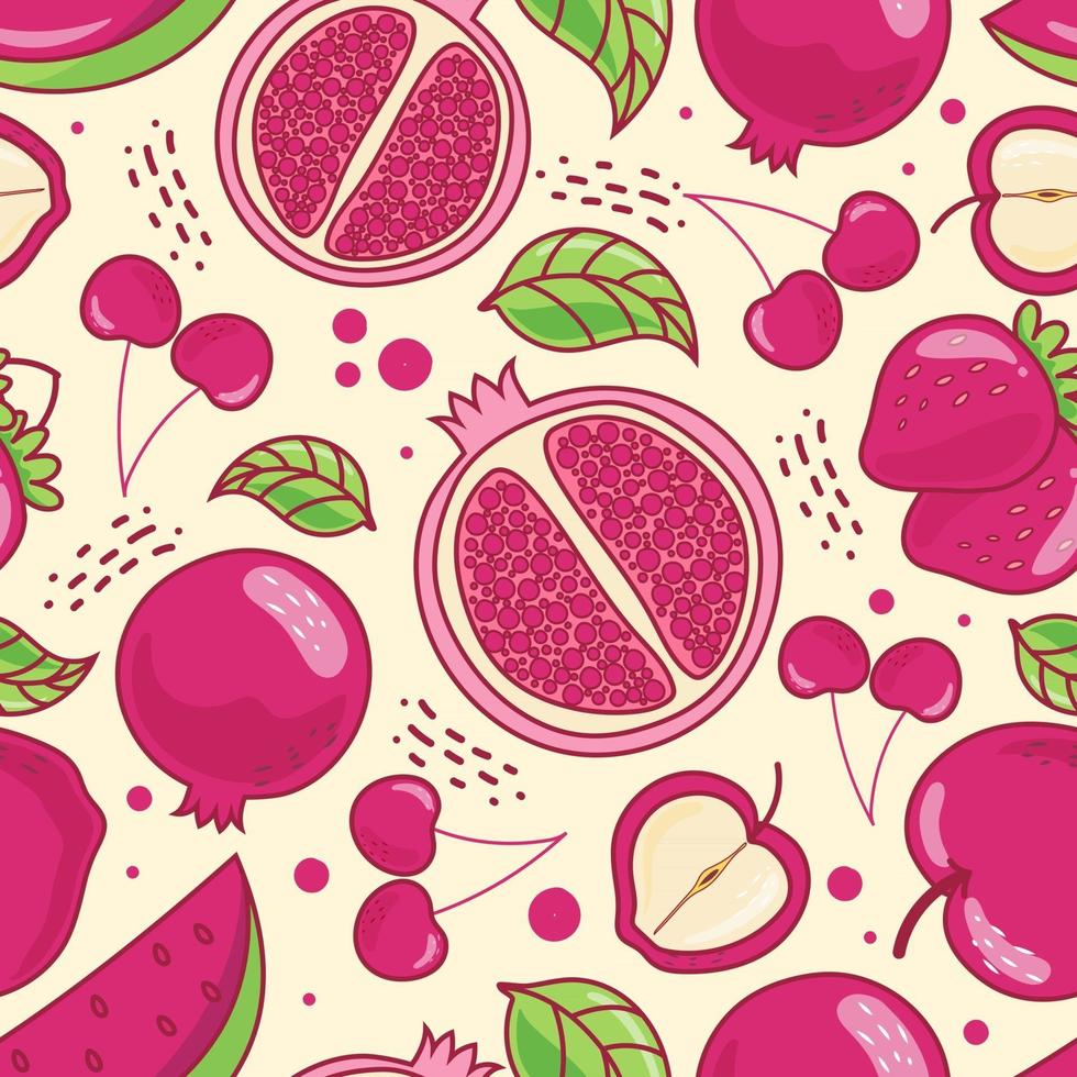 Seamless pattern cute fruits on yellow pastel background. Pomegranate, Strawberry, Cherry, Apple, Watermelon. Vector illustration.