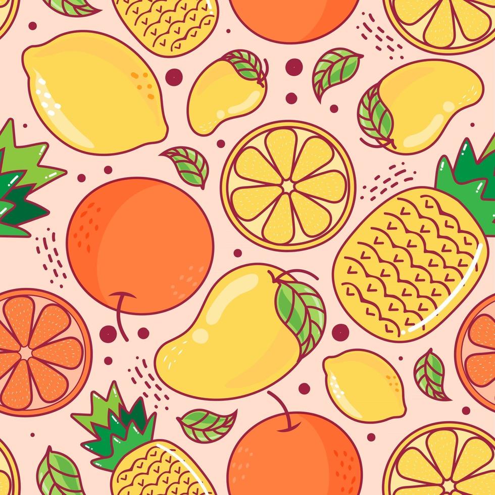 Seamless pattern cute fruits on orange background. Pineapple, Mango, Lemon, Orange. Vector illustration.